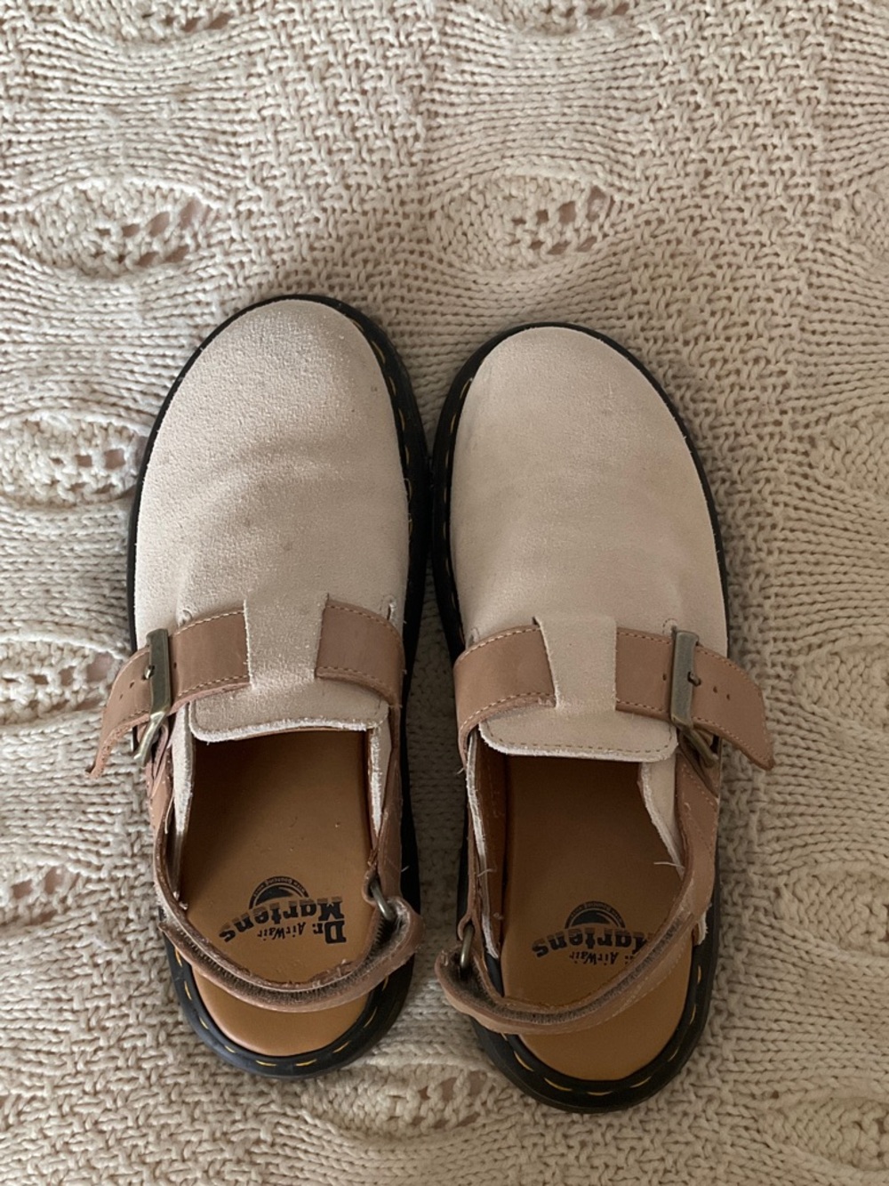 Dr. Martens Light Beige Suede Buckle Sandals with Tan Straps